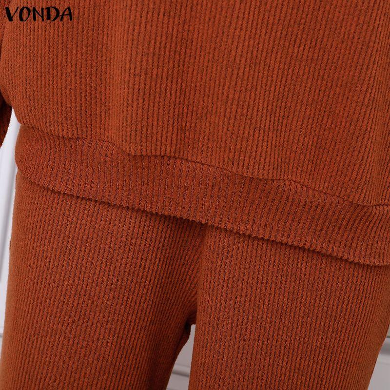 VONDA Spring Autumn Women Outfits Long Sleeve Rib Blouse and Pants Two Piece Knitted Suits