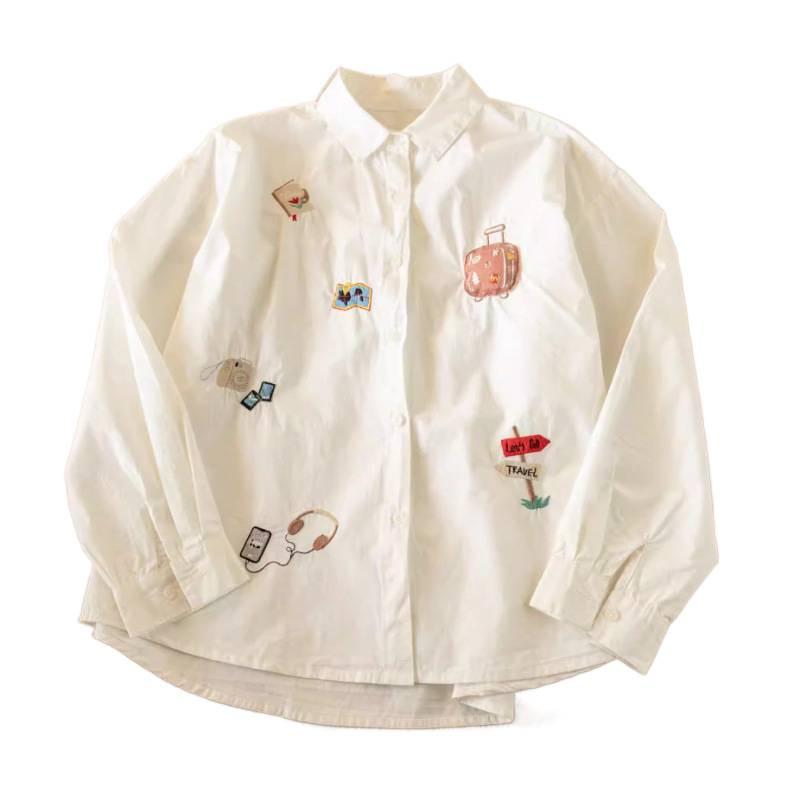 Spring 2026 Slimming Striped Children's Literary Style Women's Embroidered Long Sleeve Shirt