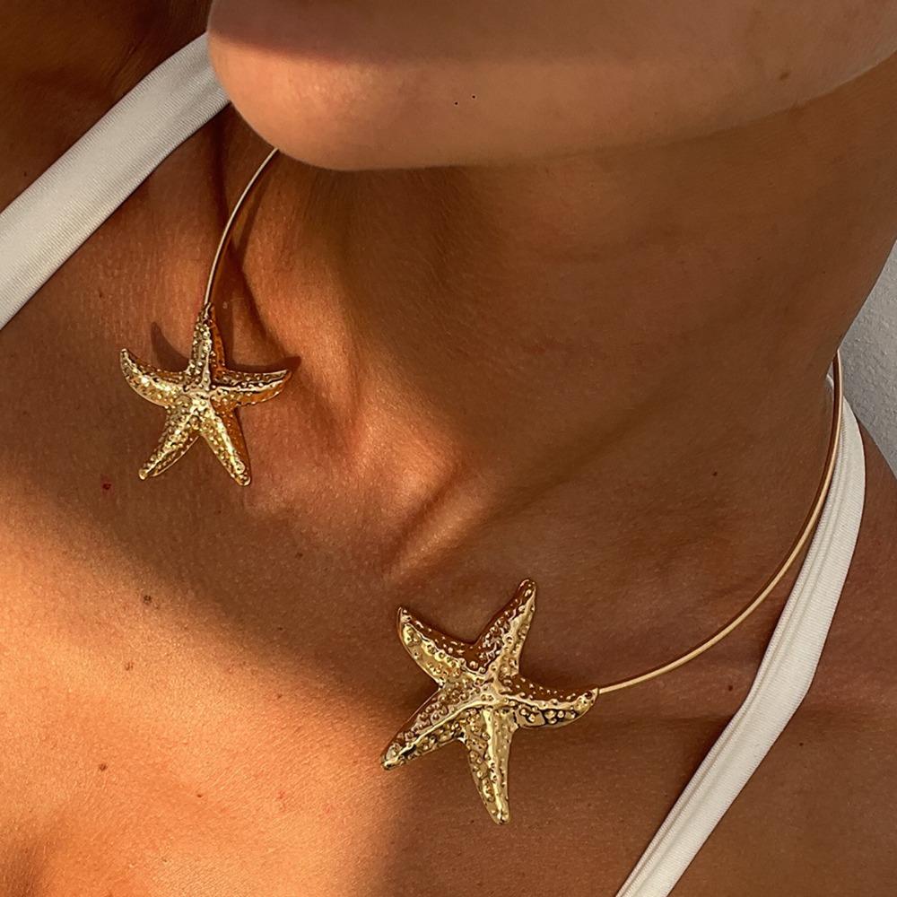 Gold Color Open Torque Necklace Metal Choker Necklace Starfish Shell Pendant Necklace  Beach