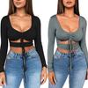 Crop Tops Dybt udskårne Figursyede Ensfarvede Mode Bluser til Kvinder til Fest