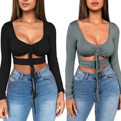 Crop Tops Low-cut Slim-fit Solid Color Women Fashion Blouses for Party