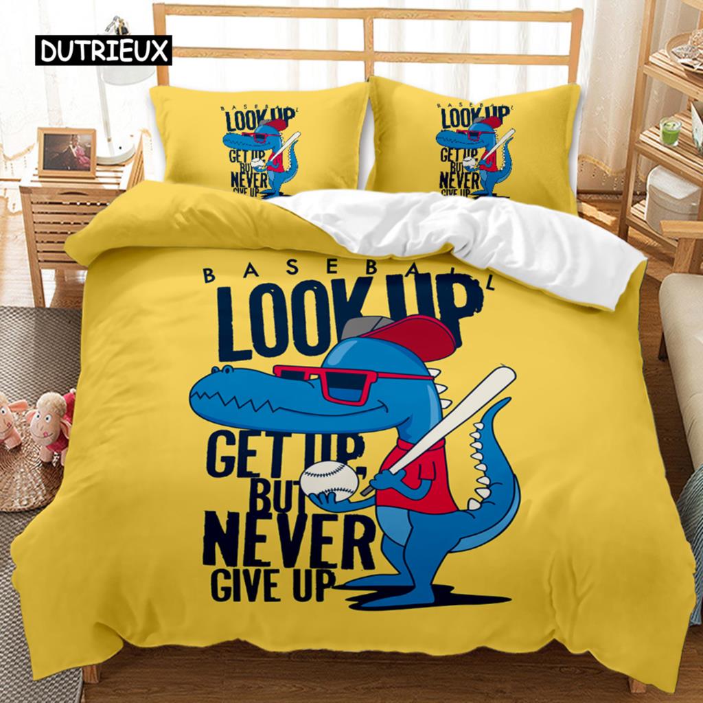 Cartoon Duvet Cover Set Dinosaur Playing Baseball Never Give Up Bedding Set Cartoon Double Queen King Size Polyester Quilt Cover