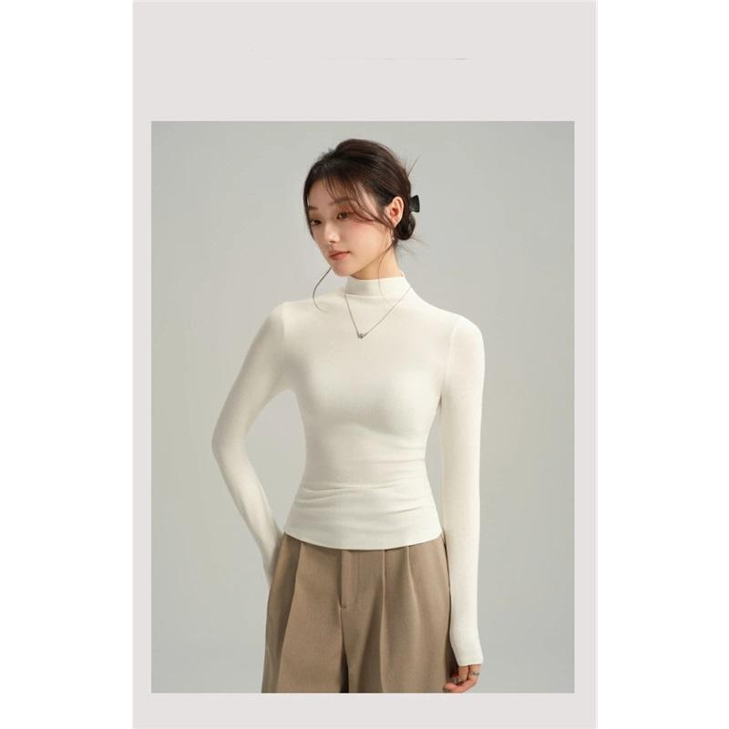 Women's Autumn And Winter Inner Wear Long Sleeved Base T Shirt Top Semi High Neck Solid Color Base Shirt