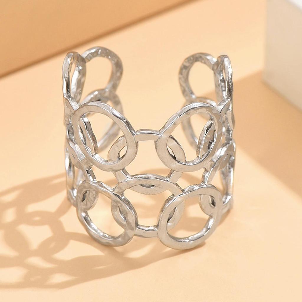 Exaggerated Geometric Circle Textured Stainless Steel Adjustable Ring