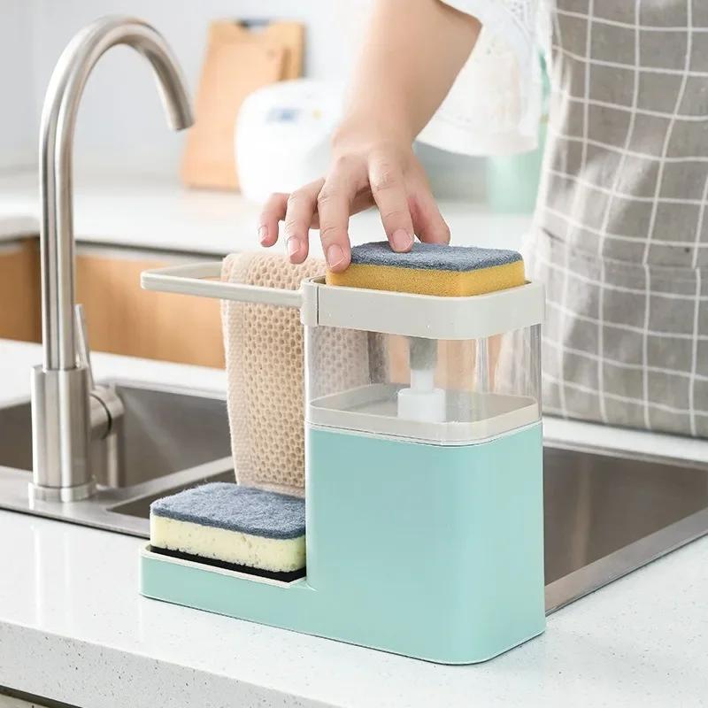 Multifunctional Dishwashing Brush Pot Press Automatic Liquid Outlet Detergent Liquid Outlet Box Sink with Towel Bar Storage Rack