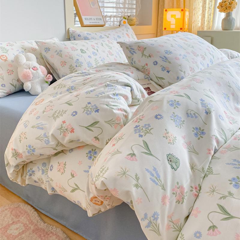 Washed Cotton 4Pcs Dormitory Small Fresh Naked Sleeping 3Pcs Double-Layer Yarn Bed Sheet Quilt Cover