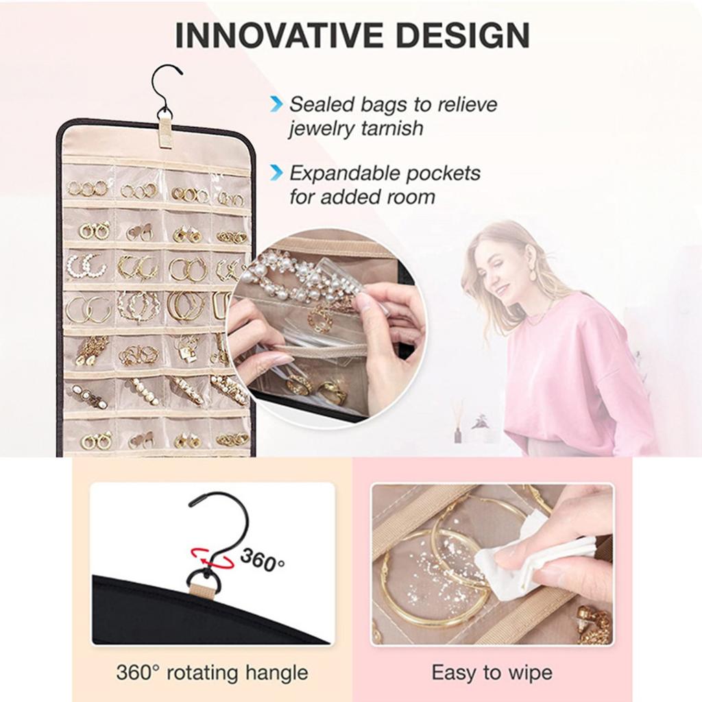 1pc Travel Portable Wall Hanging Jewelry Organizer Necklace Holder Anti-Tangle Earrings Hanger With 20 Bags Storage Roll