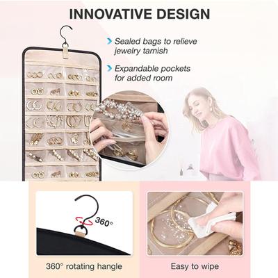 1pc Travel Portable Wall Hanging Jewelry Organizer Necklace Holder Anti-Tangle Earrings Hanger With 20 Bags Storage Roll