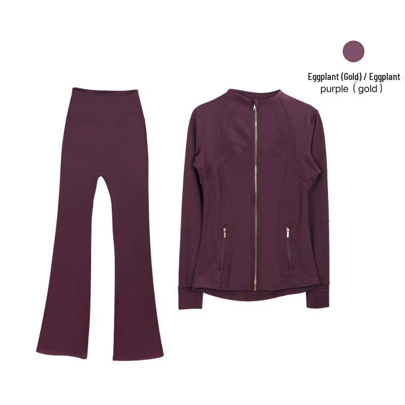 In Stock: Women's Gold Jacket & Flare Pants - High Stretch, Slimming Sports Yoga Set