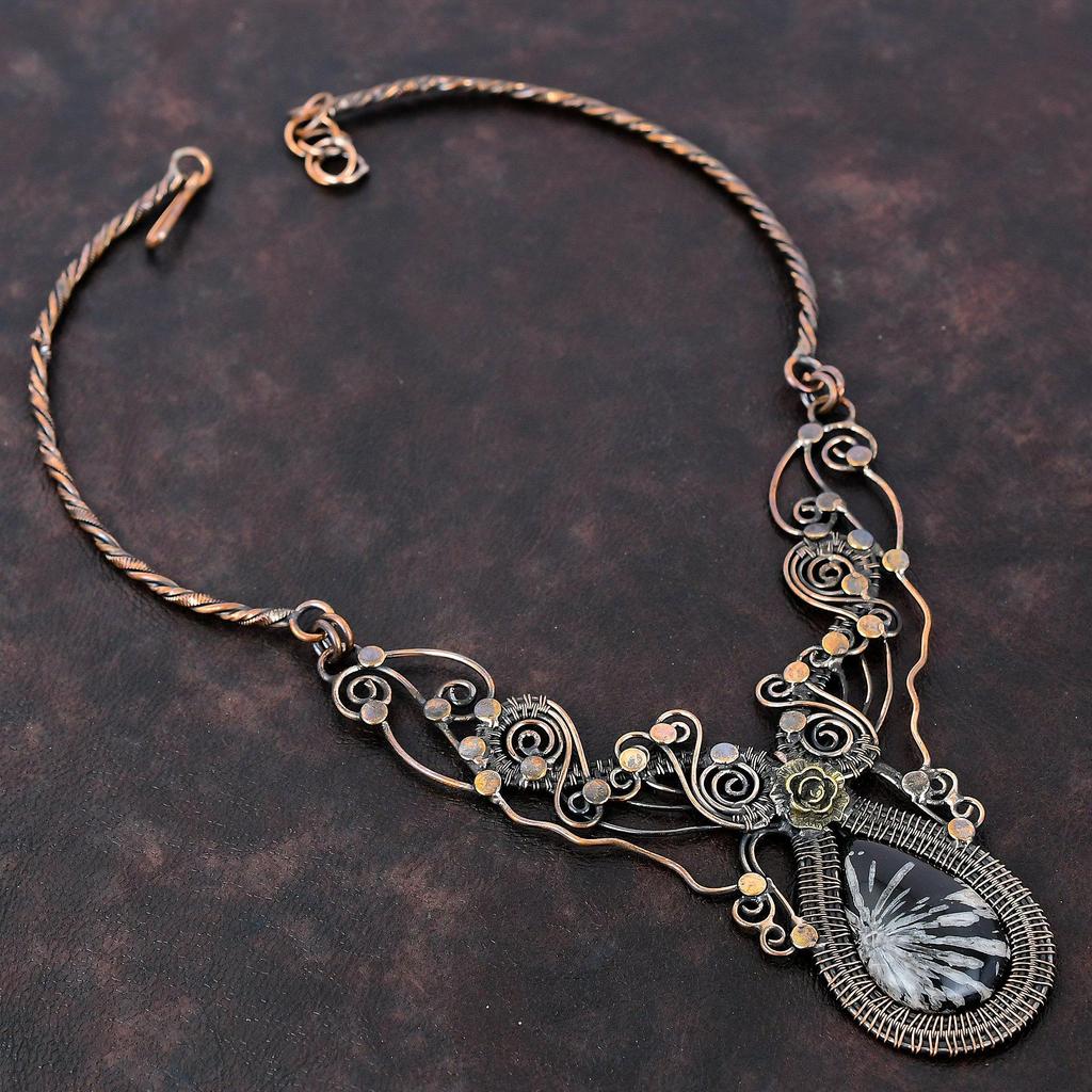Chrysanthemum Necklace Copper Wire Wrapped Necklace Adjustable Necklace Chrysanthemum Copper Jewelry Handmade Gemstone Necklace Wedding Gift