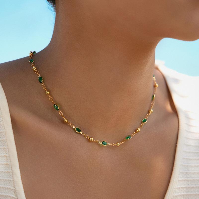 Collana clavicola in rame placcato oro K, fatta a mano, regolabile, con vetro colorato