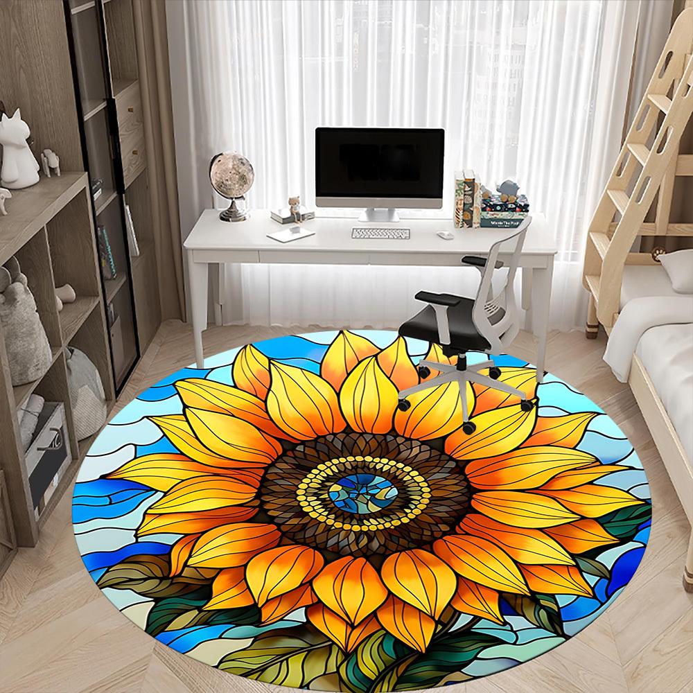 1pc Sunflower StainedGlass Office Round Area Rug, Under Office Chairs Bedroom Living Room Home Decor, Room Deco