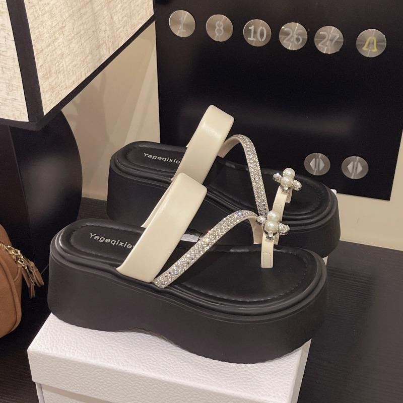 

Rhinestone set toe cool slippers women wear summer new heightened platform beach shoes 40 бежевый