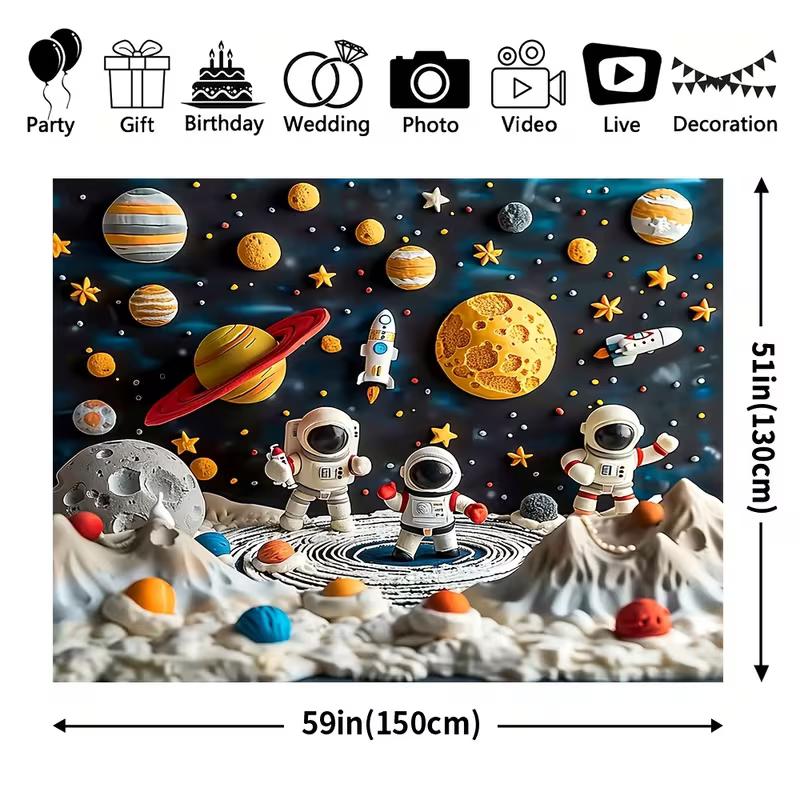 2D Boys Space Party Backdrop, Cute Astronauts & Solar System Photo Banner