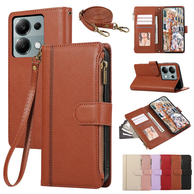 Crossbody Wrist Strap Wallet with Card Holder Phone Case for  14 Redmi Note 13 12 12T 13T Pro Plus 13C Lite Leather Cover