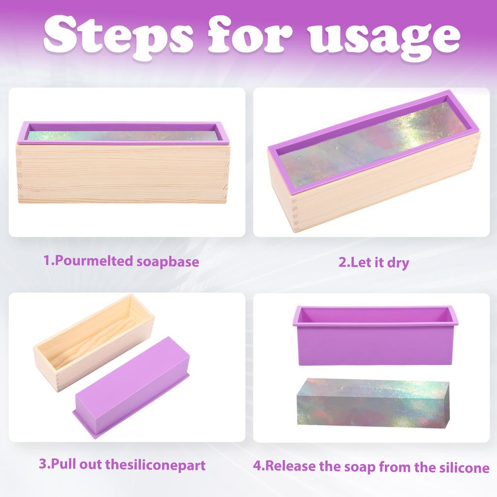 Wooden Soap Loaf Mould Set Rectangle Silicone Mould with Adjustable Wood Mold Cutter Box for DIY Soaps Making Bread Dessert