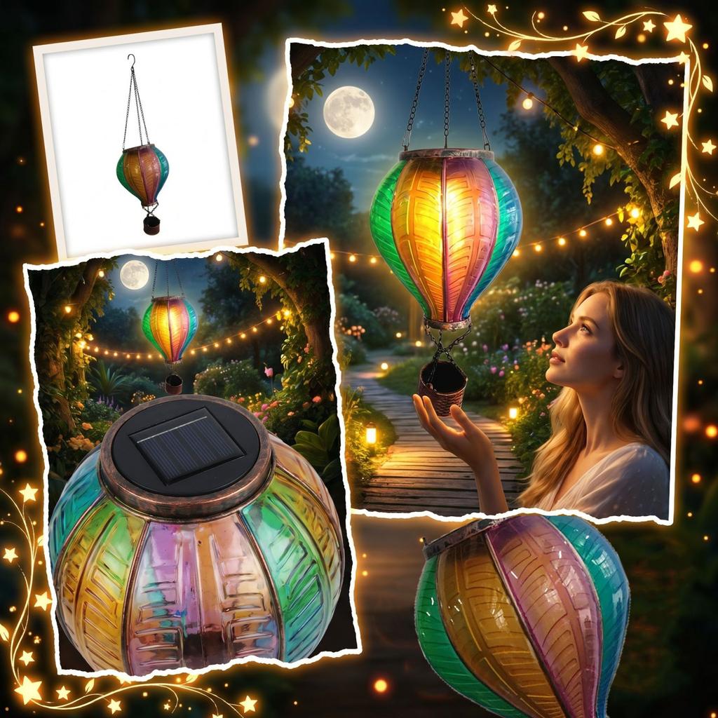 Solar Powered Hot Air Balloon Hanging Lantern Outdoor Patio Garden Decorative Pendant Light for Yard Pathway Balcony Porch