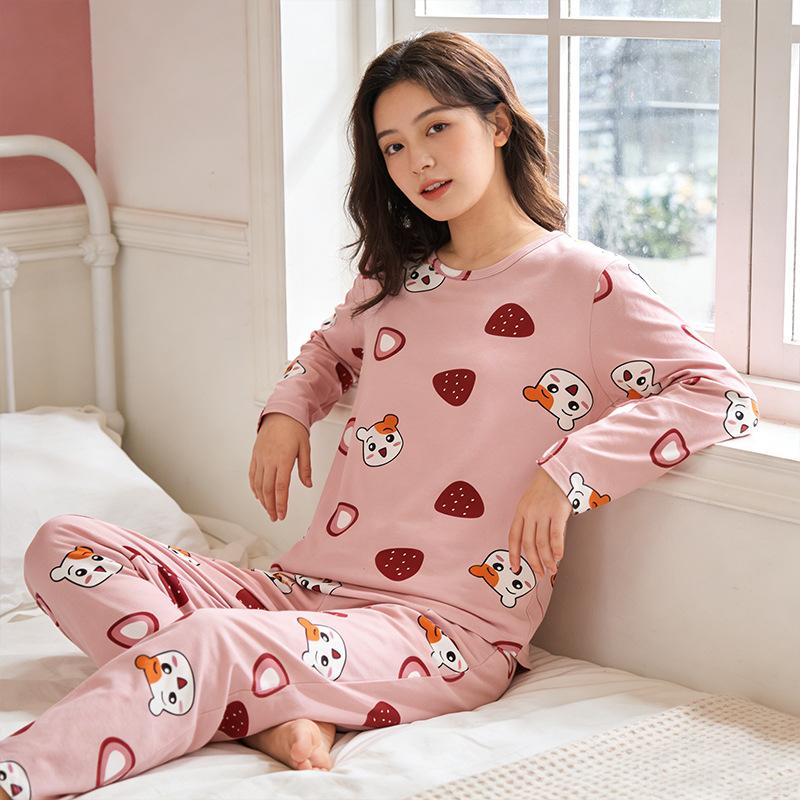 Sweet plaid rabbit bear pajamas women's spring and autumn cute cartoon loose round neck women's loungewear long suit