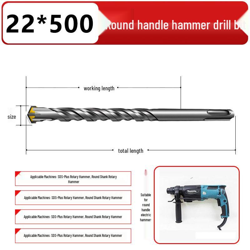 Four-Flute Extended Rotary Hammer Drill Bit for Concrete and Cement with Square Shank