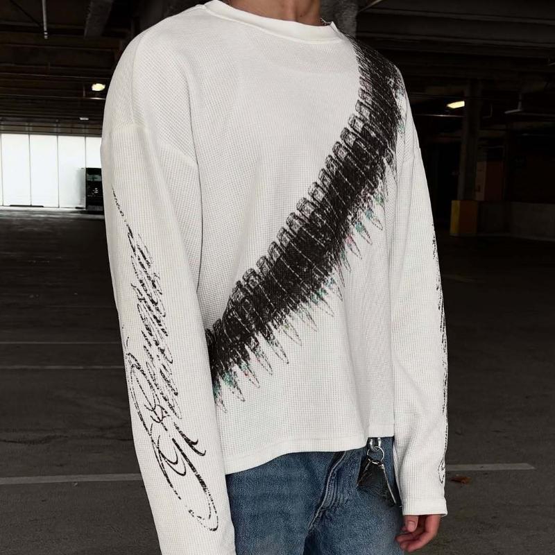 European and American style dark printed round neck long sleeved retro street trend pullover top
