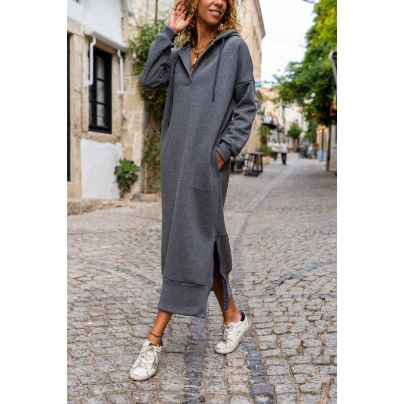 Autumn and Winter New Loose Large Knitted Hooded Long Dress with Velvet Hoodie, Casual Fashion Dress, Large Pocket Skirt