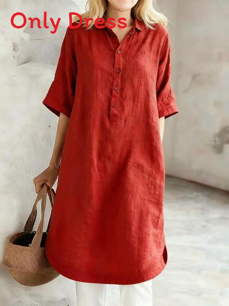 Cotton Linen Casual Dress With Pique Stitch For Summer Leisure Wear For Middleaged Women