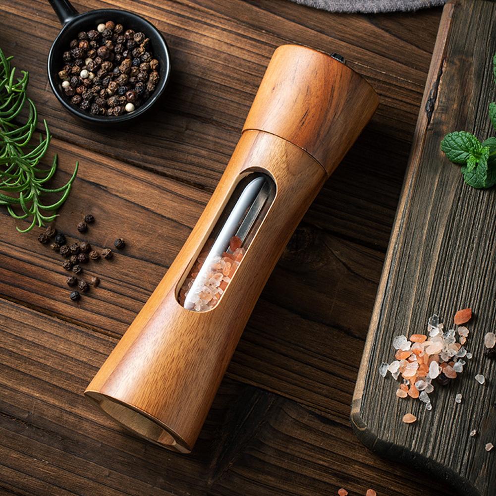 1PCS Kitchen Spice Grinder Acacia Wood Pepper Mill Transparent Salt Grinder Ceramic Core Condiment Bottle Seasoning Cook Tool