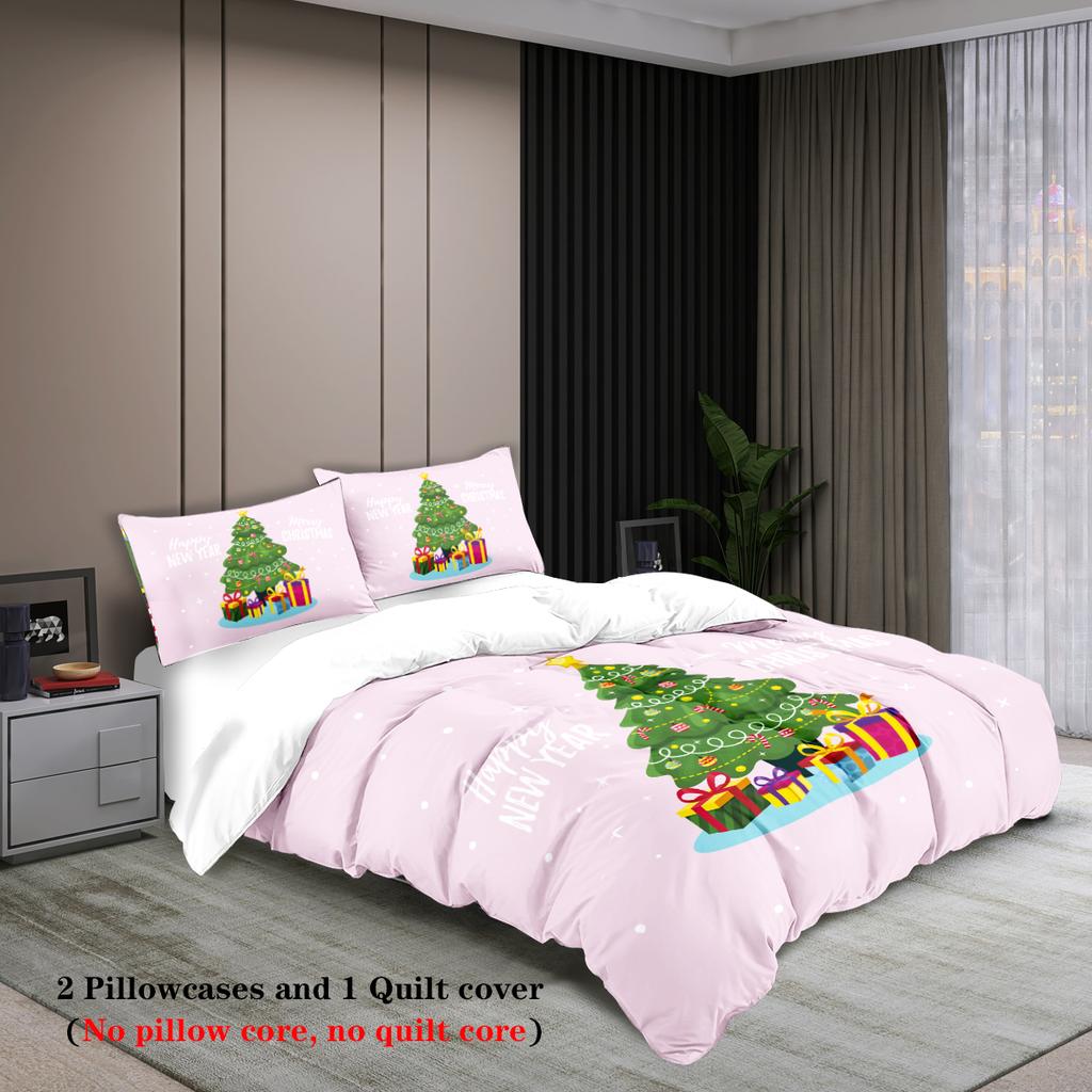 3-piece Christmas themed pink Christmas tree print (1 duvet cover+2 pillowcases, no core) comfortable bedding set