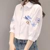 Haftowana koszula w kwiaty i ptaki, japońska odzież damska, wersja koreańska, wiosna, lato, jesień, biały dolny top z rękawami 3/4