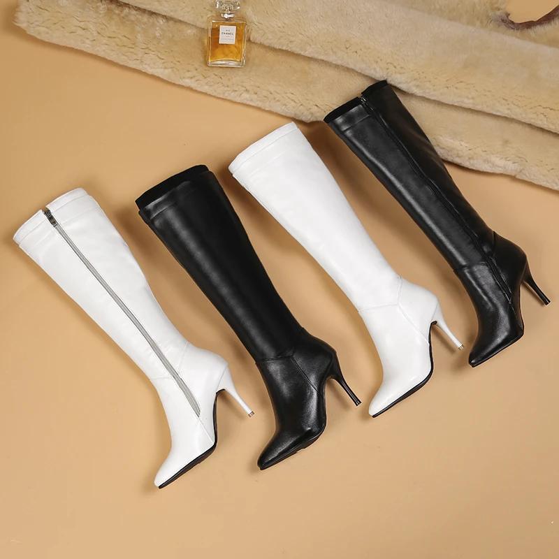 Autumn Winter Women Knee High Boots White Black High Thin Heel Club Dress Office Lady Pointed Toe Zipper Plush Long Riding Boots