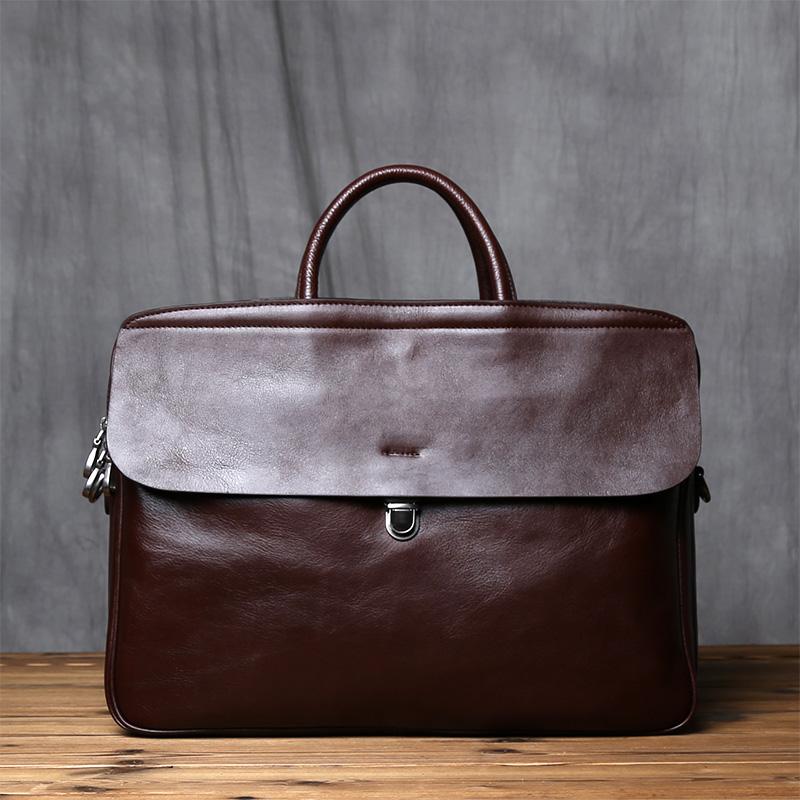 NZPJ Genuine Leather Men's Briefcase Vintage Natural Cowhide Handbag Large Capacity Crossbody Bag Casual Fashion Computer Bag