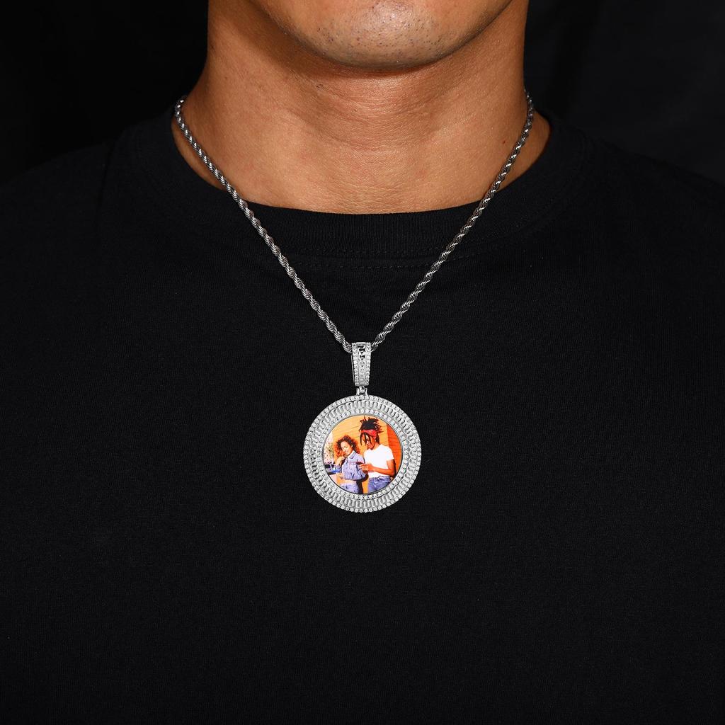 European Hip Hop Zircon Inlaid Photo Pendant Necklace - Customizable Jewelry