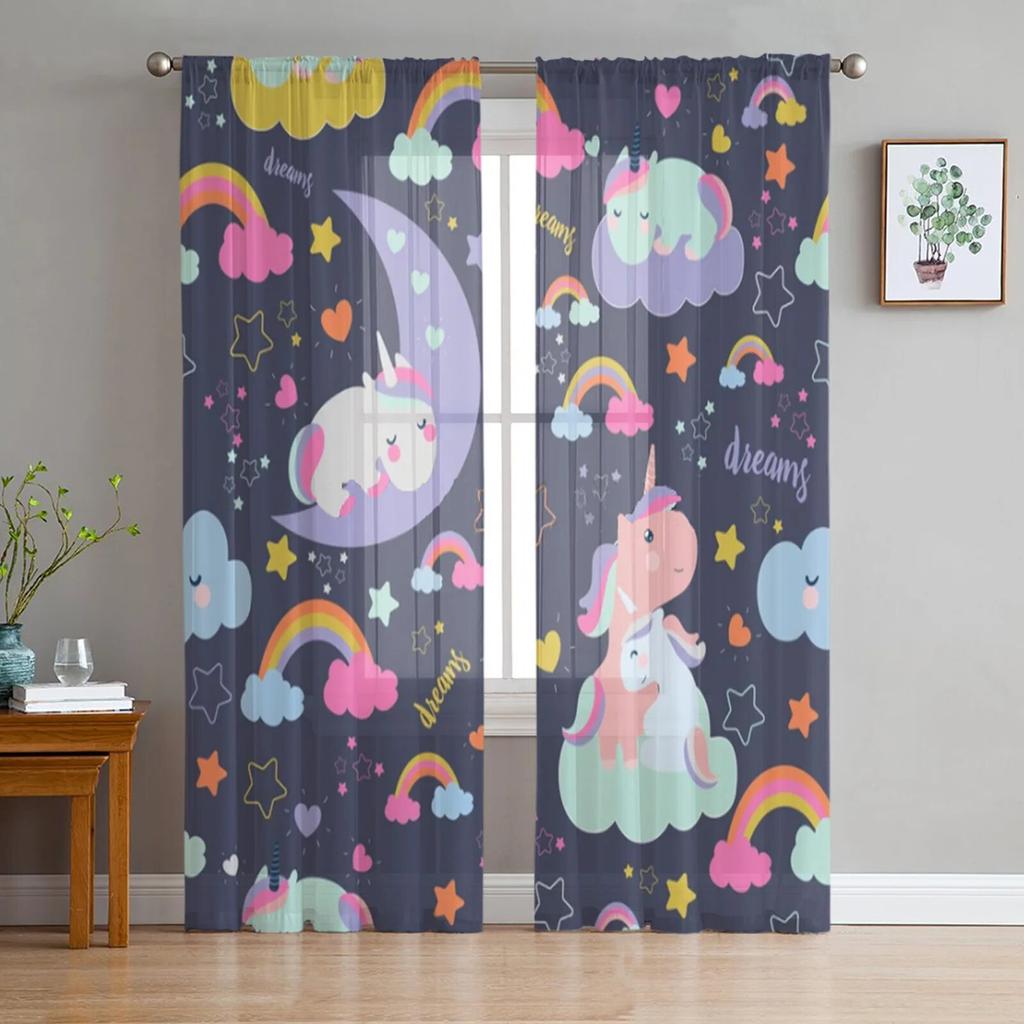 Cartoon Cute Unicorn Tulle Sheer Window Curtains For Living Room The Bedroom Modern Chiffon Voile Curtains Fabric Drapes