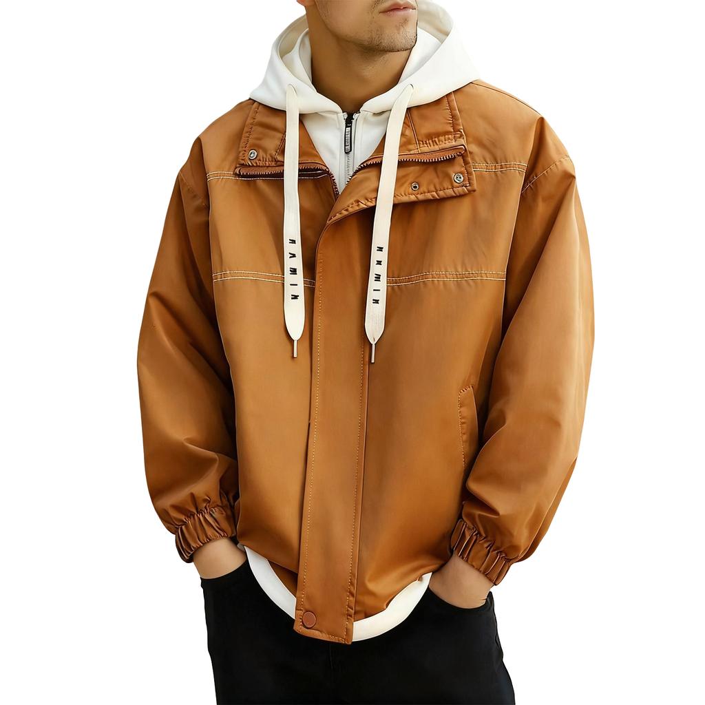 Mens Fake Two Pieces Windbreaker Spring And Fall Color Block Coat Lightweight Jacket With Hood