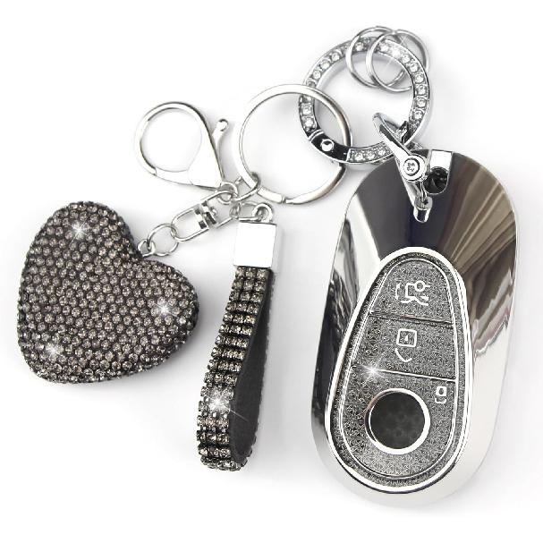 Key Fob Cover with Diamond Keychain Car Key Holder Case Compatible with - Benz S-Class G-Class E-Class Smart Remote Key Protector for Women, 3
