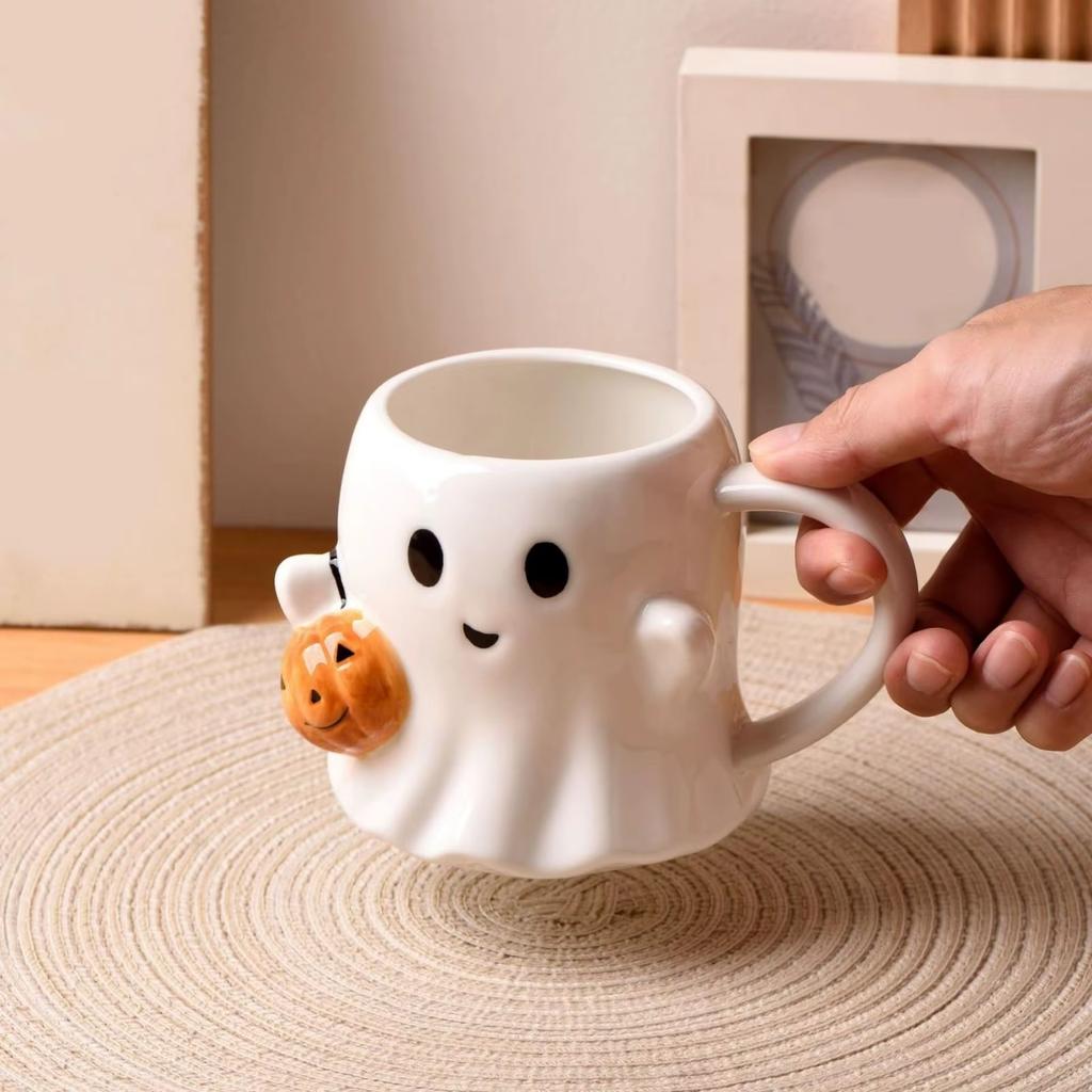 Cute Ghost Mug Halloween Ceramic Coffee Cup 3D Pumpkin Creative Spooky Drinkware Novelty Tea Milk Mug with Spoon Birthday Gift