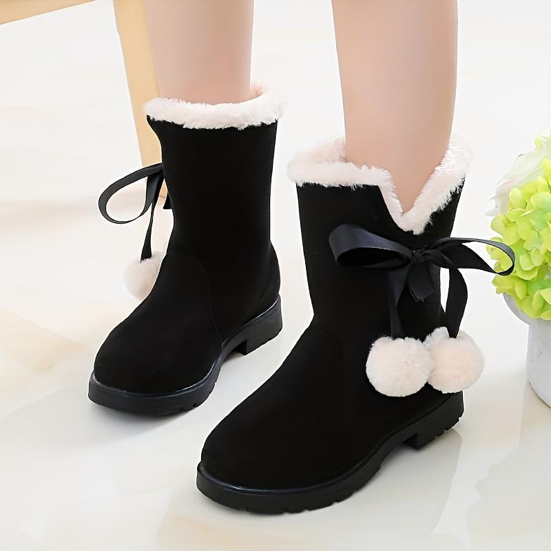 Girls Winter Snow Boots Fleece Lining Round Toe Striped Pattern Zipper Closure Ankle High PVC Sole Fabric Insole Random Style Pink Black Red