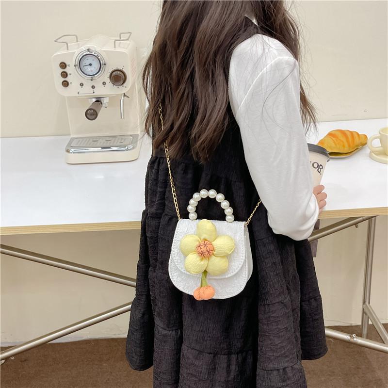 Fashionable Adorable Sunflower Pearl Chain Handbag For Girls Cute Princess Shoulder Bag Breathable Wearresistant Pu Leather