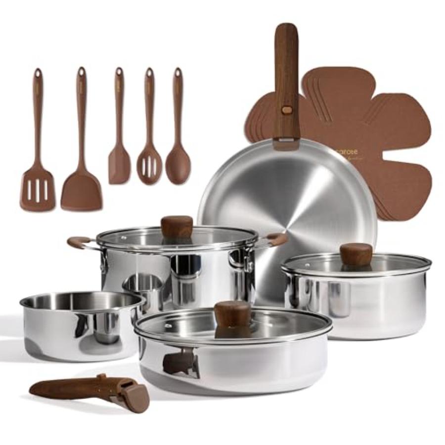 

19pcs Stainless Steel Cookware Set with Detachable Handle Pots and Pans for Induction Cooking RV/Camping Use Removable Handle O серебряный