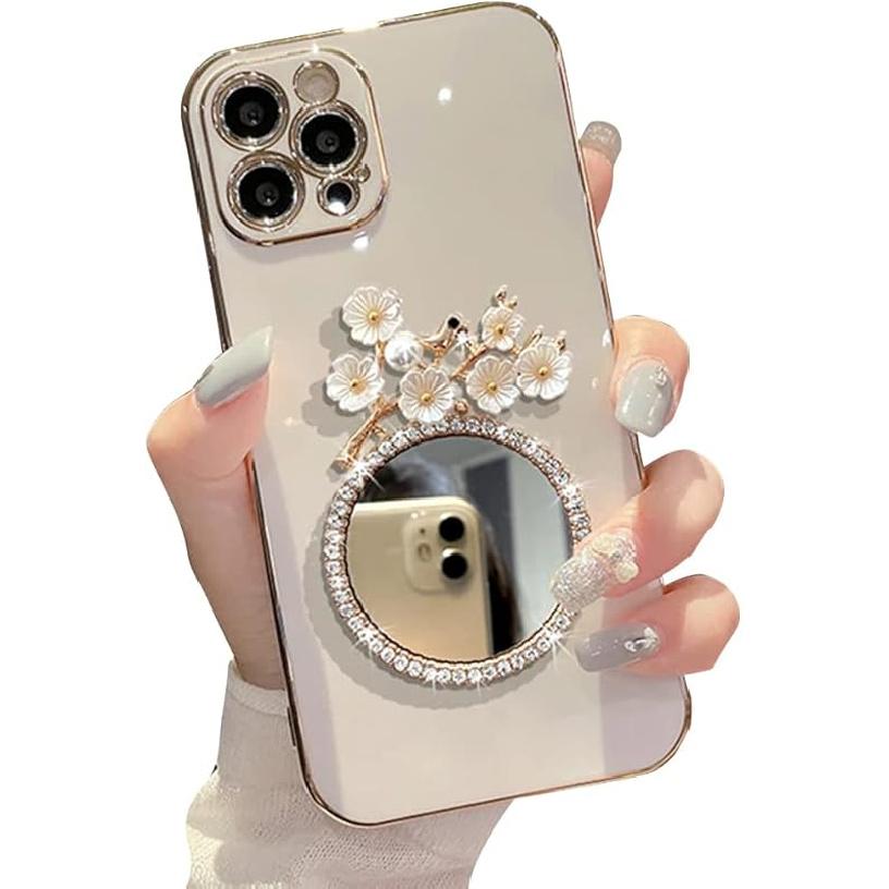 Compatible with iPhone Case,Glitter Diamond Mirror Makeup Bling Flower Floral Electroplated Bumper Camera Lens Protection Soft Shockproof Cover Phone
