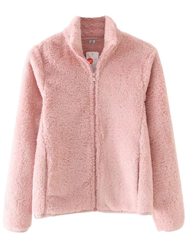 Women's Long Pile Fleece Jacket - Zipper Cardigan, Stand Collar, Warm Long Sleeve Top for Autumn/Winter