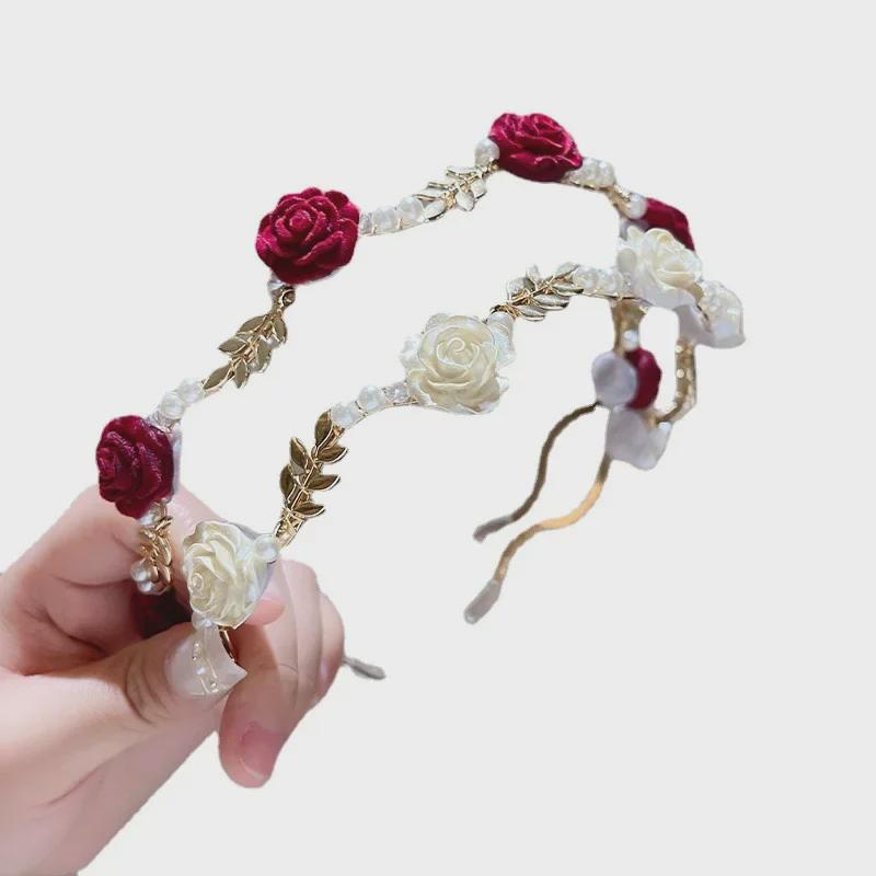 French Retro Dried Rose Pearl Headband Hairpin - Niche Design High Skull Accessory