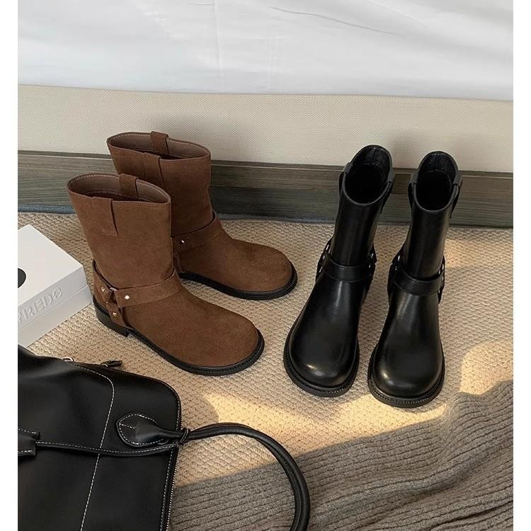 Cowhide~ Grape Mom same fashion boots retro black Martin boots women's thick heel western boots belt buckle short boots