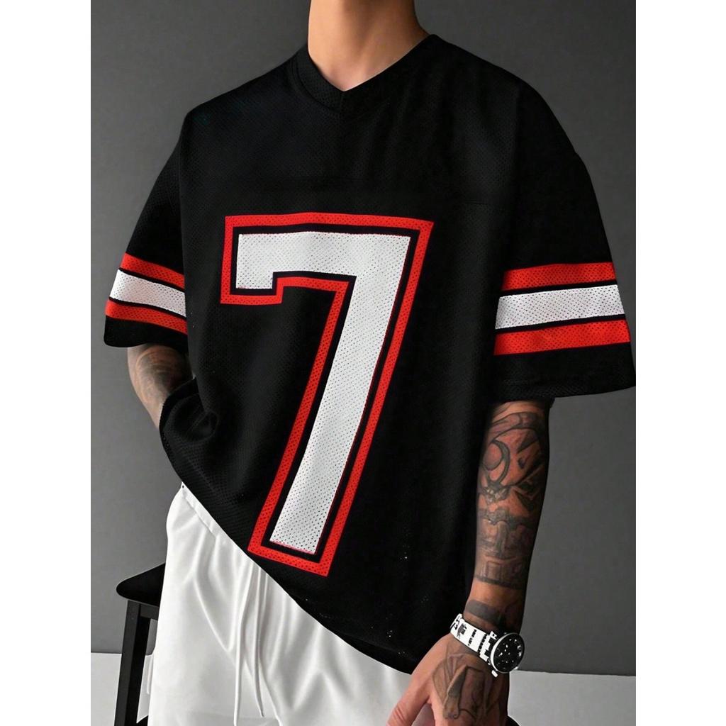 Summer T Shirt Mesh Jersey Style Number 7 Print T Shirt Short Sleeve V Neck Sporty Casual Streetwear Tops