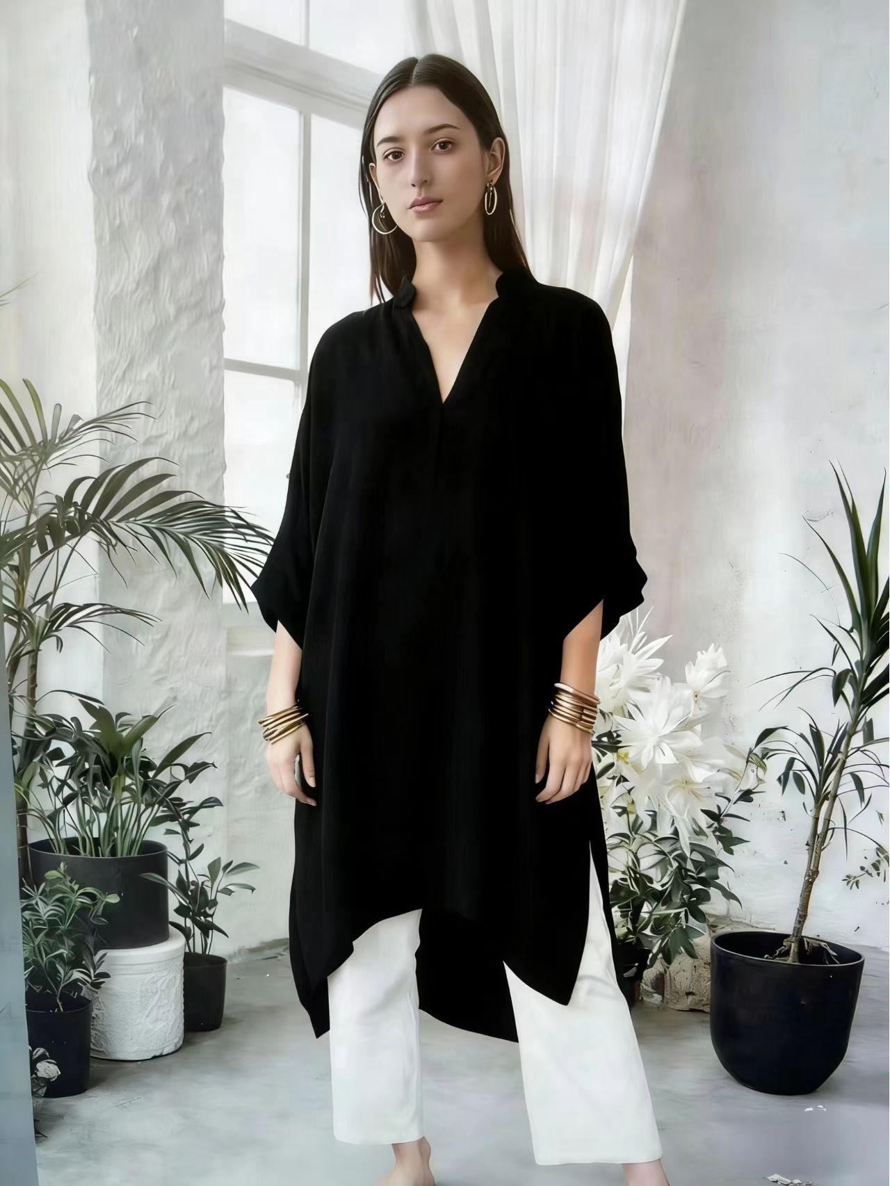 2026 Women s Fashion V-neck Cotton Linen Batwing Sleeve Long Shirt Large чёрный