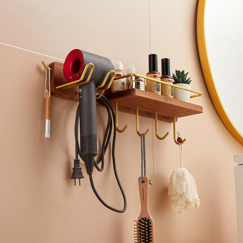 Walnut Bathroom Hair Dryer Holder Wall Mounted Bathroom Toilet Multifunctional Storage Rack Toothbrush Holder Towel Hook