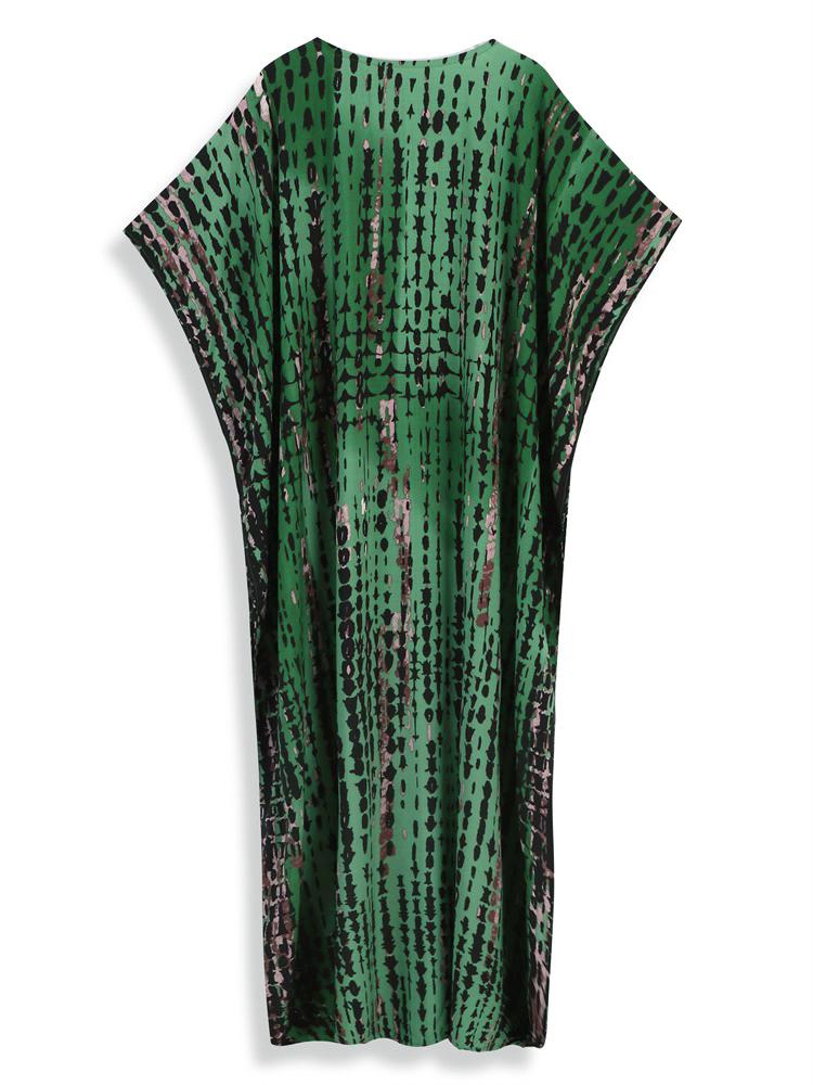 EDOLYNSA 2024 Casual V Neck Green Dark Stripe Tie-Dye Grande Taille Kaftan Femmes Été Boho Imprimé Robe De Plage Maillot De Bain Cover Up Q1218