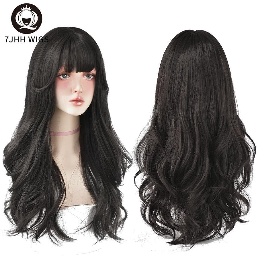 7jhh Wigs Popular Brown Ash Long Deep Wave Hair Lolita Wigs With Bangs Synthetic Wig For Women Fashion Thick Curls Wigs Girl