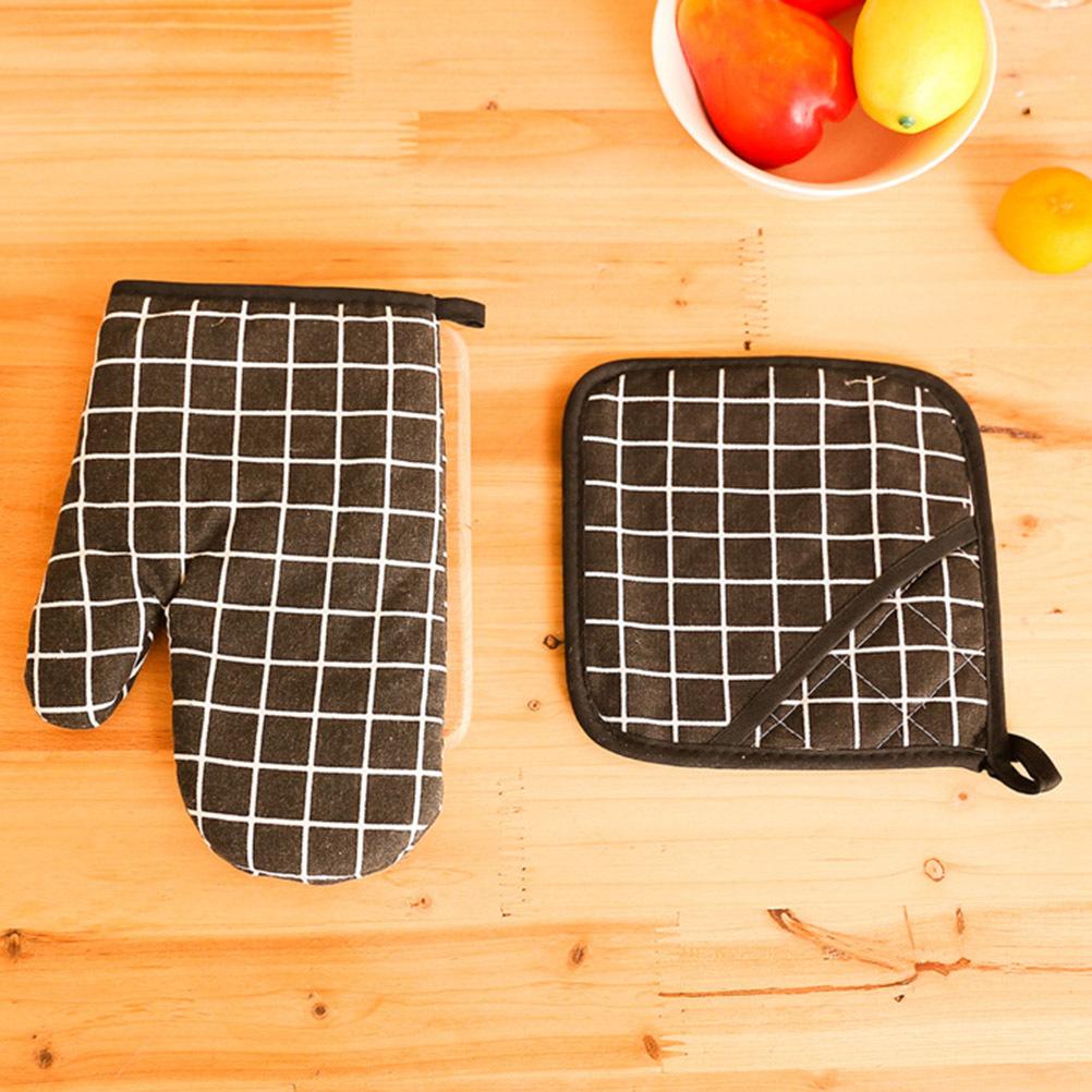 4pcs Cotton Linen Thermal Insulation Gloves Pads Heat Resistant Kitchen Supplies For Microwave Oven Bakery Use Yellow Chess