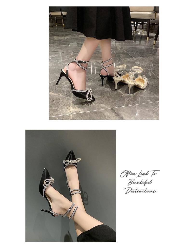 2024 Feenstil Schwarze Strass Einriemen Stilettoabsätze